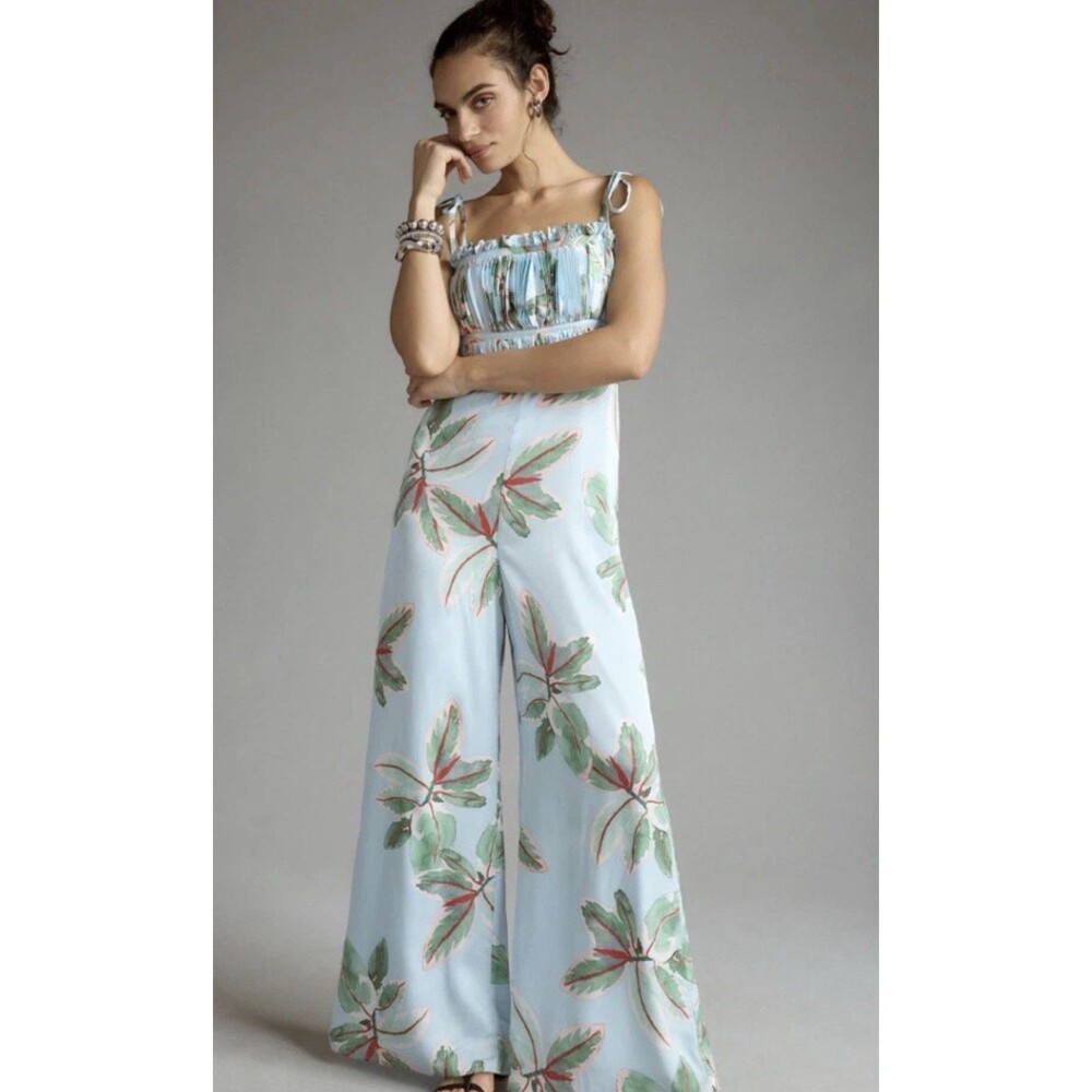 Anthropologie Hutch Satin Tropical Ruched Jumpsuit BoHo Wide Leg Size 10 NWT
